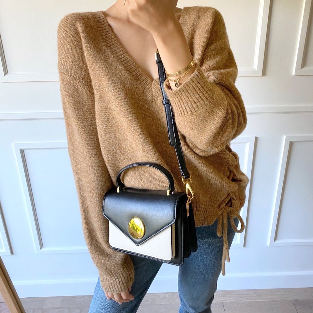 The June Genuine Leather Satchel - Black/White - Picture 8 of 13